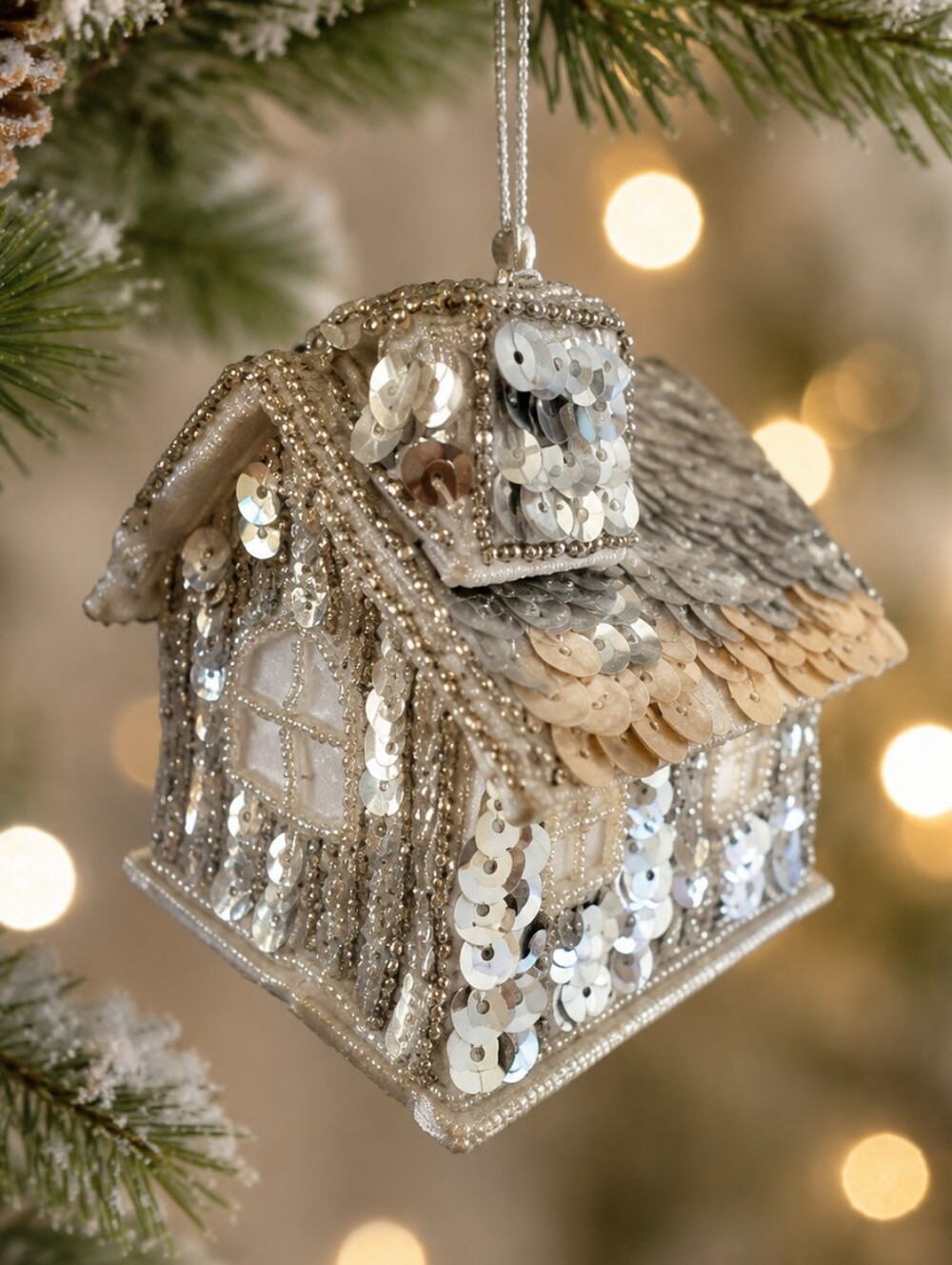 Silvestri Handcrafted Sequin House Ornament Silver Cream Christmas Cottage